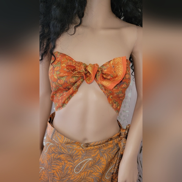 Exotic Boho Silk Muted Gold & Blue Reversible Wrap Maxi Skirt - Picture 12 of 16